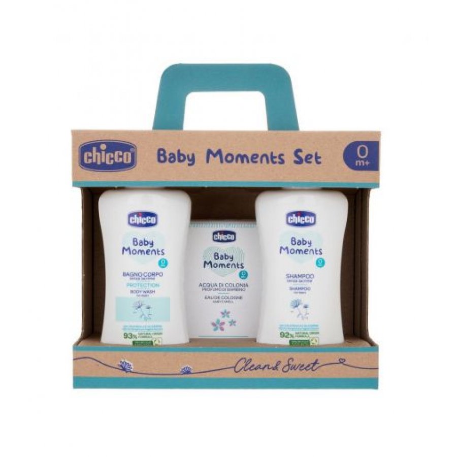 CHICCO BABY MOMENTS SET BAGNOSCHIUMA PELLI DELICATE 200 ML + SHAMPOO PELLI DELICATE 200 ML + ACQUA DI COLONIA BABY SMELL PELLI DELICATE 100 ML - Farmacia Artemisia di Montecuollo Dott. Angelo snc