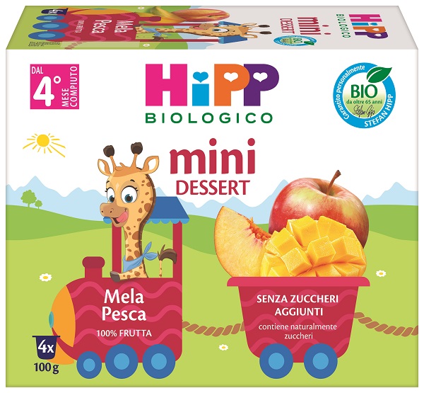 HIPP BIO MINI DESSERT MELA PESCA 4 VASETTI X 100 G SENZA ZUCCHERI AGGIUNTI E SENZA GLUTINE - Farmacia Artemisia di Montecuollo Dott. Angelo snc