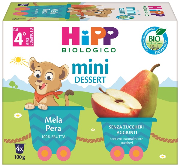 HIPP BIO MINI DESSERT MELA/PERA 4 VASETTI X 100 G SENZA ZUCCHERI AGGIUNTI E SENZA GLUTINE - Farmacia Artemisia di Montecuollo Dott. Angelo snc