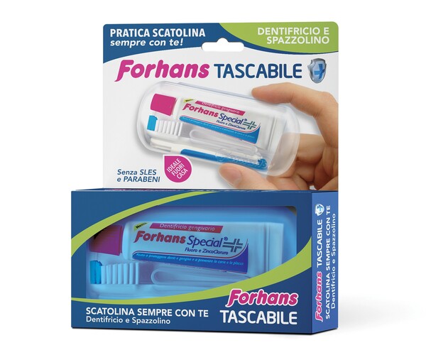 FORHANS TRAVEL KIT TASCABILE COMPOSTO DA SPAZZOLINO DA VIAGGIO + FORHANS SPECIAL PASTA DENTIFRICIA TUBETTO 12,5 ML - Farmacia Artemisia di Montecuollo Dott. Angelo snc