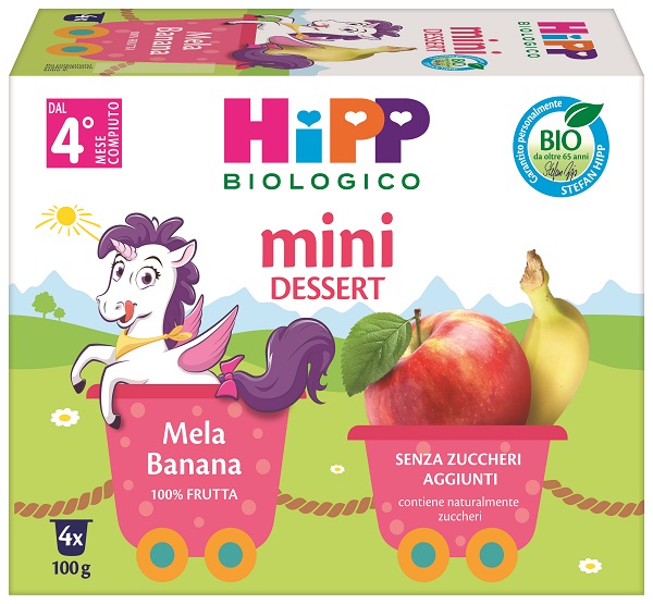 HIPP BIO MINI DESSERT MELA/BANANA 4 VASETTI X 100 G SENZA ZUCCHERI AGGIUNTI E SENZA GLUTINE - Farmacia Artemisia di Montecuollo Dott. Angelo snc