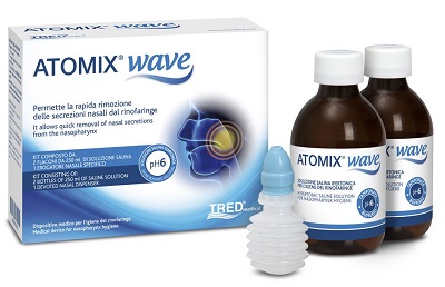 ATOMIX WAVE DISPOSITIVO PER IGIENE RINOFARINGEA ATOMIX SOLUZIONE SALINA 250 ML 2 PEZZI + TERMINALE NASALE + EROGATORE A SOFFIETTO - Farmacia Artemisia di Montecuollo Dott. Angelo snc