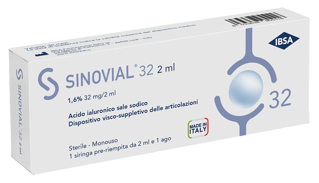 SIRINGA INTRA-ARTICOLARE SINOVIAL 32 ACIDO IALURONICO SALE SODICO 1,6% 32MG/2ML 2ML + AGO 21 GAUGE - Farmacia Artemisia di Montecuollo Dott. Angelo snc