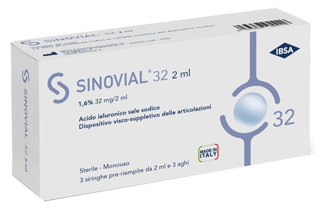 SIRINGA INTRA-ARTICOLARE SINOVIAL 32 ACIDO IALURONICO SALE SODICO 1,6% 32MG/2ML 3 SIRINGHE X 2ML + 3 AGHI - Farmacia Artemisia di Montecuollo Dott. Angelo snc