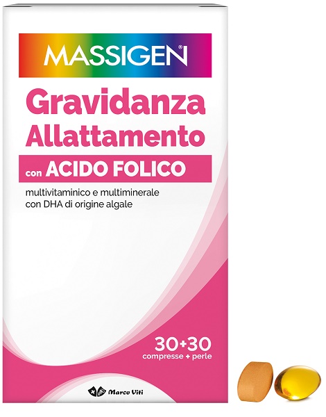 MASSIGEN GRAVIDANZA ALLATTAMENTO CON ACIDO FOLICO MULTIVITAMINICO E MULTIMINERALE 30 COMPRESSE RIVESTITE DA 1,1 G + 30 PERLE DA 700 MG - Farmacia Artemisia di Montecuollo Dott. Angelo snc