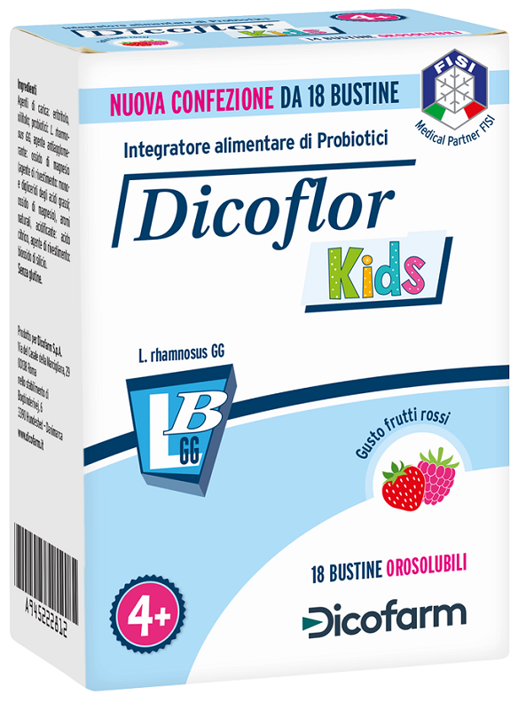 DICOFLOR KIDS 18 BUSTINE OROSOLUBILI GUSTO FRUTTI ROSSI - Farmacia Artemisia di Montecuollo Dott. Angelo snc
