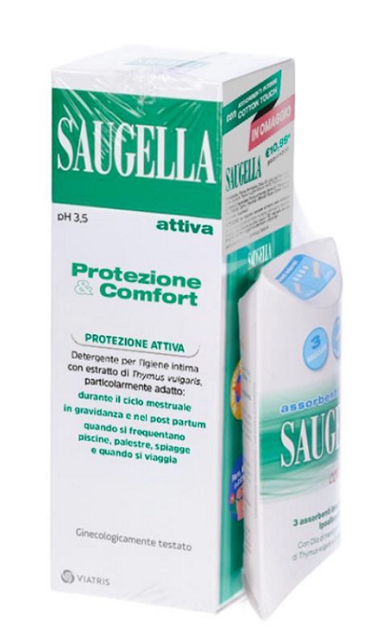 SAUGELLA PROTEZIONE&COMFORT BUNDLE 1 ATTIVA 250 ML + 3 ASSORBENTI INTERNI REGULAR IN OMAGGIO + GADGET STICKERS MOTIVAZIONALI - Farmacia Artemisia di Montecuollo Dott. Angelo snc