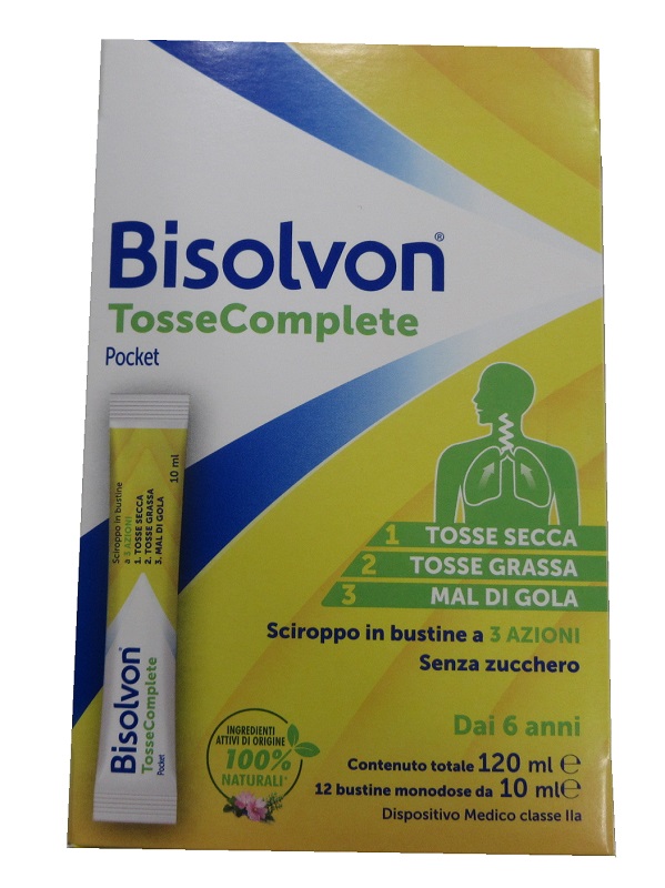 BISOLVON TOSSE COMPLETE POCKET SCIROPPO 12 BUSTINE DA 10 ML SENZA ZUCCHERO SENZA GLUTINE SENZA LATTOSIO - Farmacia Artemisia di Montecuollo Dott. Angelo snc