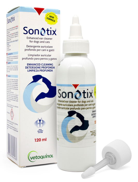 SONOTIX DETERGENTE AURICOLARE PROFONDO CANI E GATTI 120 ML + CANNULA CORTA RIGIDA + CANNULA LUNGA FLESSIBILE - Farmacia Artemisia di Montecuollo Dott. Angelo snc