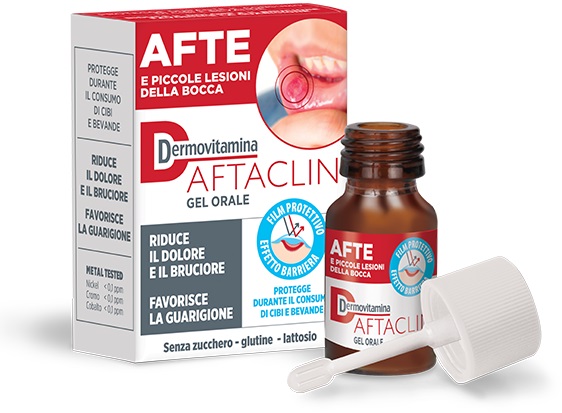 DERMOVITAMINA AFTACLIN GEL ORALE 7 ML CONTRO DOLORE E BRUCIONE SENZA ZUCCHERO E SENZA GLUTINE - Farmacia Artemisia di Montecuollo Dott. Angelo snc
