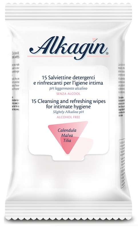ALKAGIN SALVIETTINE DETERGENTI E RINFRESCANTI PER L'IGIENE INTIMA PH LEGGERMENTE ALCALINO SENZA ALCOOL 15 PEZZI CALENDULA MALVA E TILIA - Farmacia Artemisia di Montecuollo Dott. Angelo snc