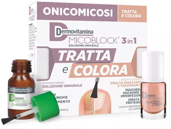 DERMOVITAMINA MICOBLOCK 3 IN 1 TRATTA E COLORA SOLUZIONE UNGUEALE 7 ML + SMALTO IDRATANTE TRASPIRANTE 5 ML - Farmacia Artemisia di Montecuollo Dott. Angelo snc