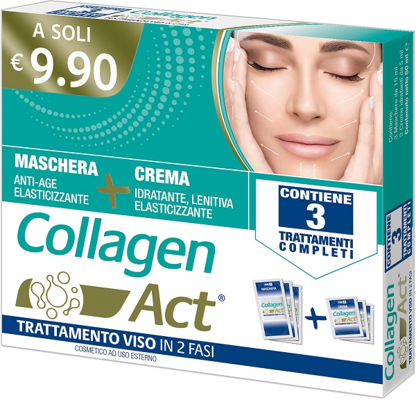 COLLAGEN ACT TRATTAMENTO VISO 2 FASI MASCHERA ANTI AGE ELASTICIZZANTE 3 PEZZI DA 15 ML + CREMA IDRATANTE LENITIVA ELASTICIZZANTE 3 PEZZI DA 5 ML - Farmacia Artemisia di Montecuollo Dott. Angelo snc