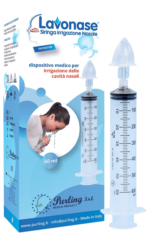 LAVONASE IRRIGAZIONE NASALE NON STERILE SIRINGA 60 ML + LUER-LOCK CON CAPPUCCIO + UGELLO NASALE CON RACCORDO LUER-LOCK + PERFORATORE CON VALVOLA NON RITORNO CON TAPPO - Farmacia Artemisia di Montecuollo Dott. Angelo snc
