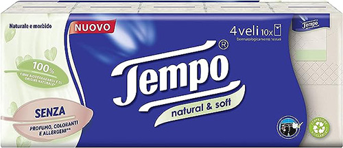 TEMPO FAZZOLETTI NATURAL&SOFT 10 PEZZI DA 9 FAZZOLETTI - Farmacia Artemisia di Montecuollo Dott. Angelo snc