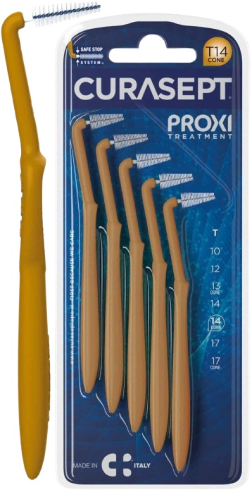 SCOVOLINO CURASEPT PROXI ANGLE MISURA T14 CONICO ISO 4 COLORE OCRA DIAMETRO 1,4 MM 5 PEZZI - Farmacia Artemisia di Montecuollo Dott. Angelo snc