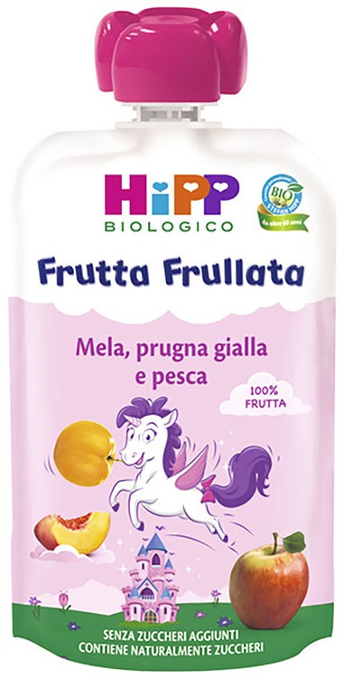 HIPP BIO FRUTTA FRULLATA UNICORNO MELA PRUGNA GIALLA PESCA 90 G - Farmacia Artemisia di Montecuollo Dott. Angelo snc