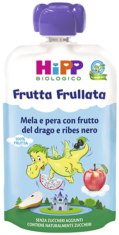 HIPP BIO FRUTTA FRULLATA DRAGONE MELA PERA FRUTTA DEL DRAGO RIBES NERO 90 G - Farmacia Artemisia di Montecuollo Dott. Angelo snc