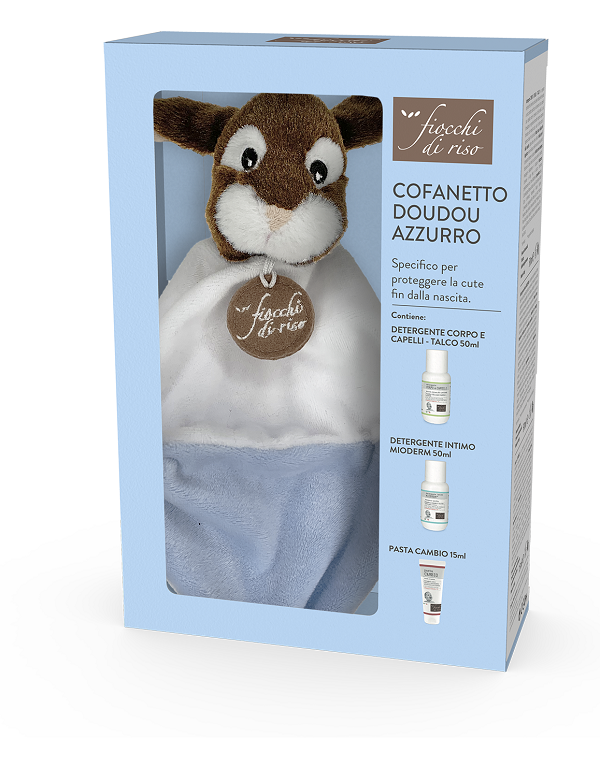 FIOCCHI DI RISO COFANETTO DOUDOU BIMBO AZZURRO MINISIZE PASTA CAMBIO 15 ML + MINISIZE INTIMO MIODERM 50 ML + MINISIZE DETERGENTE CORPO CAPELLI TALCO 50 ML + DOUDOU FIOCCO AZZURRO - Farmacia Artemisia di Montecuollo Dott. Angelo snc