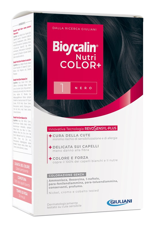 BIOSCALIN NUTRICOLOR PLUS 1 NERO CREMA COLORANTE 40 ML + RIVELATORE CREMA 60 ML + SHAMPOO 12 ML + TRATTAMENTO FINALE BALSAMO 12 ML - Farmacia Artemisia di Montecuollo Dott. Angelo snc