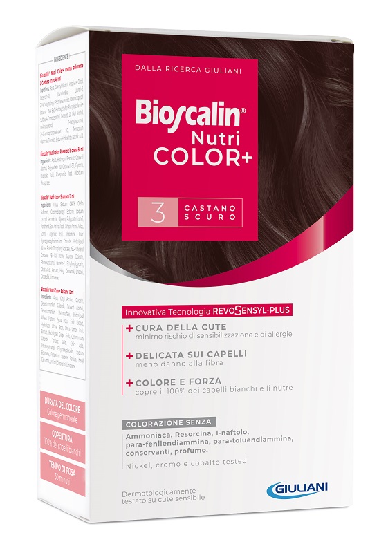 BIOSCALIN NUTRICOLOR PLUS 3 CASTANO SCURO CREMA COLORANTE 40 ML + RIVELATORE CREMA 60 ML + SHAMPOO 12 ML + TRATTAMENTO FINALE BALSAMO 12 ML - Farmacia Artemisia di Montecuollo Dott. Angelo snc