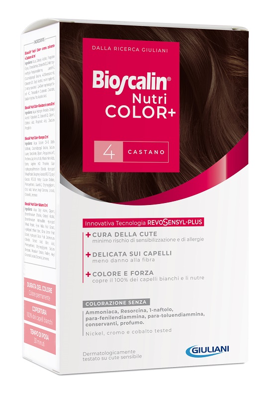 BIOSCALIN NUTRICOLOR PLUS 4 CASTANO CREMA COLORANTE 40 ML + RIVELATORE CREMA 60 ML + SHAMPOO 12 ML + TRATTAMENTO FINALE BALSAMO 12 ML - Farmacia Artemisia di Montecuollo Dott. Angelo snc