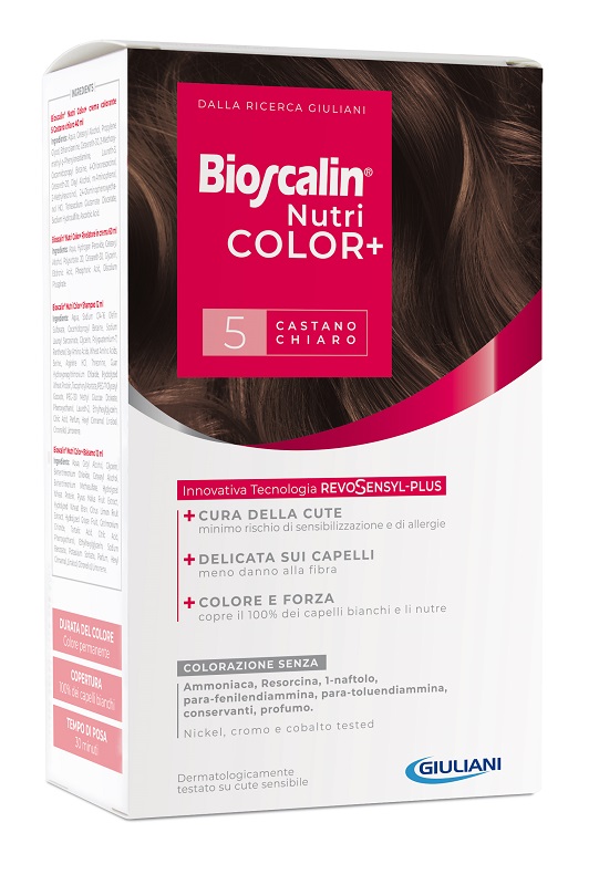 BIOSCALIN NUTRICOLOR PLUS 5 CASTANO CHIARO CREMA COLORANTE 40 ML + RIVELATORE CREMA 60 ML + SHAMPOO 12 ML + TRATTAMENTO FINALE BALSAMO 12 ML - Farmacia Artemisia di Montecuollo Dott. Angelo snc