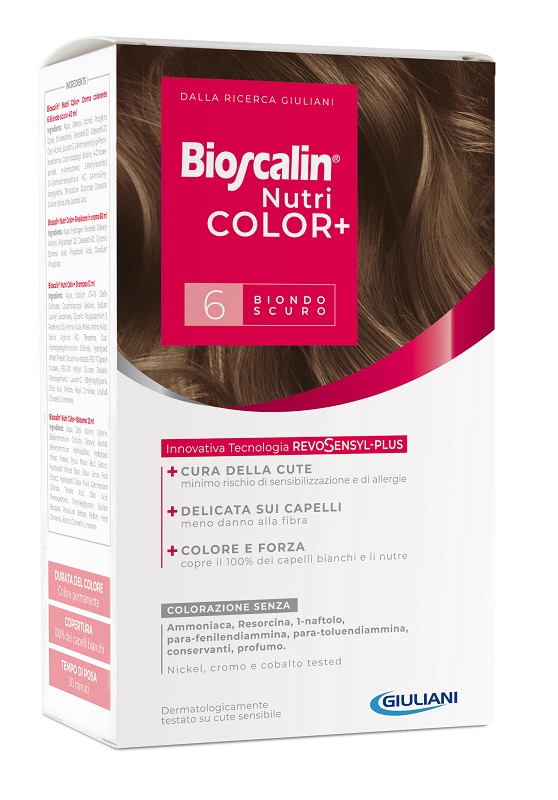 BIOSCALIN NUTRICOLOR PLUS 6 BIONDO SCURO CREMA COLORANTE 40 ML + RIVELATORE CREMA 60 ML + SHAMPOO 12 ML + TRATTAMENTO FINALE BALSAMO 12 ML - Farmacia Artemisia di Montecuollo Dott. Angelo snc