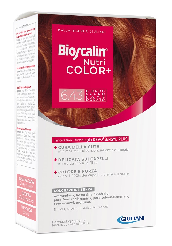 BIOSCALIN NUTRICOLOR PLUS 6,43 BIONDO SCURO RAME DORATO CREMA COLORANTE 40 ML + RIVELATORE CREMA 60 ML + SHAMPOO 12 ML + TRATTAMENTO FINALE BALSAMO 12 ML - Farmacia Artemisia di Montecuollo Dott. Angelo snc