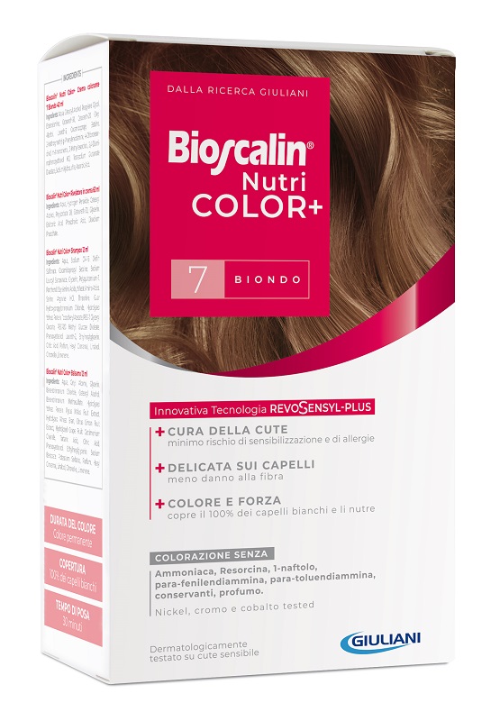 BIOSCALIN NUTRICOLOR PLUS 7 BIONDO CREMA COLORANTE 40 ML + RIVELATORE CREMA 60 ML + SHAMPOO 12 ML + TRATTAMENTO FINALE BALSAMO 12 ML - Farmacia Artemisia di Montecuollo Dott. Angelo snc