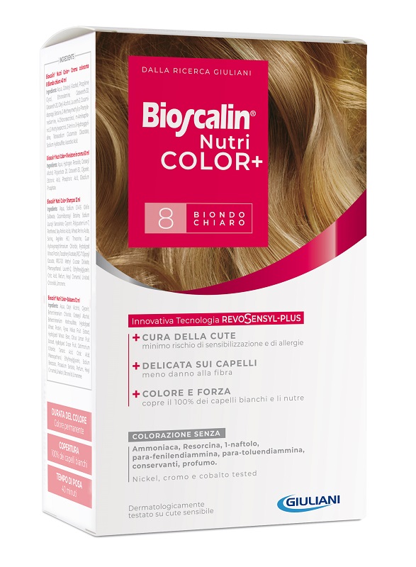 BIOSCALIN NUTRICOLOR PLUS 8 BIONDO CHIARO CREMA COLORANTE 40 ML + RIVELATORE CREMA 60 ML + SHAMPOO 12 ML + TRATTAMENTO FINALE BALSAMO 12 ML - Farmacia Artemisia di Montecuollo Dott. Angelo snc
