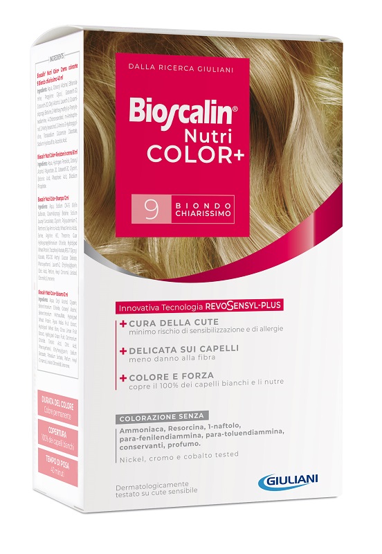 BIOSCALIN NUTRICOLOR PLUS 9 BIONDO CHIARISSIMO CREMA COLORANTE 40 ML + RIVELATORE CREMA 60 ML + SHAMPOO 12 ML + TRATTAMENTO FINALE BALSAMO 12 ML - Farmacia Artemisia di Montecuollo Dott. Angelo snc