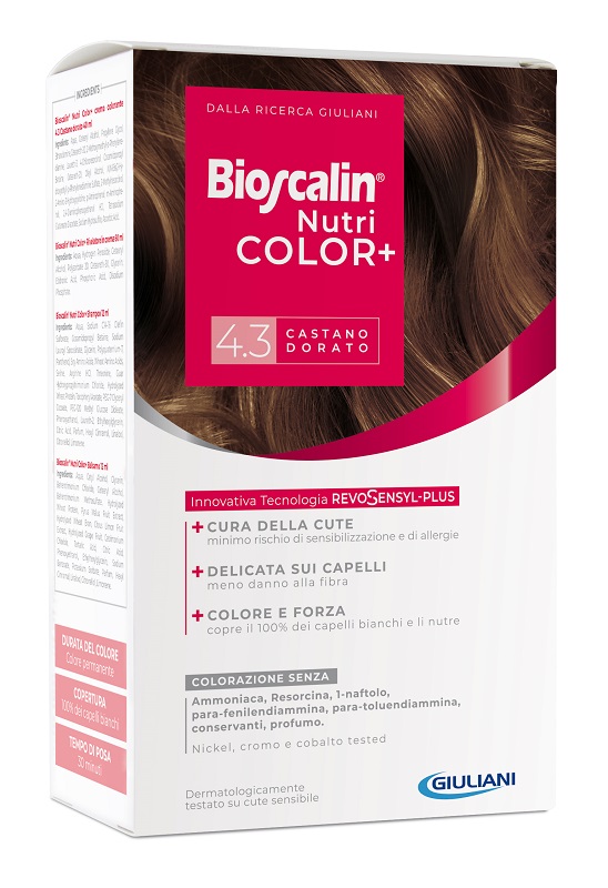 BIOSCALIN NUTRICOLOR PLUS 4,3 CASTANO DORATO CREMA COLORANTE 40 ML + RIVELATORE CREMA 60 ML + SHAMPOO 12 ML + TRATTAMENTO FINALE BALSAMO 12 ML - Farmacia Artemisia di Montecuollo Dott. Angelo snc