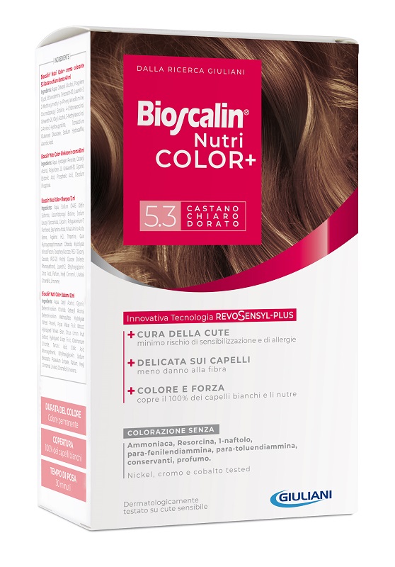 BIOSCALIN NUTRICOLOR PLUS 5,3 CASTANO CHIARO DORATO CREMA COLORANTE 40 ML + RIVELATORE CREMA 60 ML + SHAMPOO 12 ML + TRATTAMENTO FINALE BALSAMO 12 ML - Farmacia Artemisia di Montecuollo Dott. Angelo snc