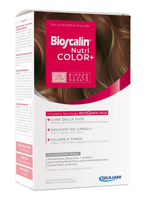 BIOSCALIN NUTRICOLOR PLUS 6,3 BIONDO SCURO DORATO CREMA COLORANTE 40 ML + RIVELATORE CREMA 60 ML + SHAMPOO 12 ML + TRATTAMENTO FINALE BALSAMO 12 ML - Farmacia Artemisia di Montecuollo Dott. Angelo snc