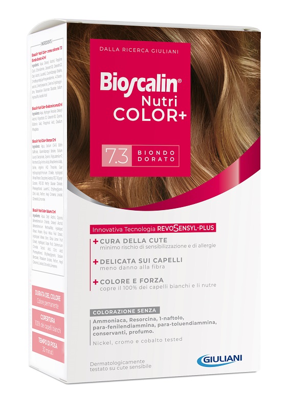 BIOSCALIN NUTRICOLOR PLUS 7,3 BIONDO DORATO CREMA COLORANTE 40 ML + RIVELATORE CREMA 60 ML + SHAMPOO 12 ML + TRATTAMENTO FINALE BALSAMO 12 ML - Farmacia Artemisia di Montecuollo Dott. Angelo snc