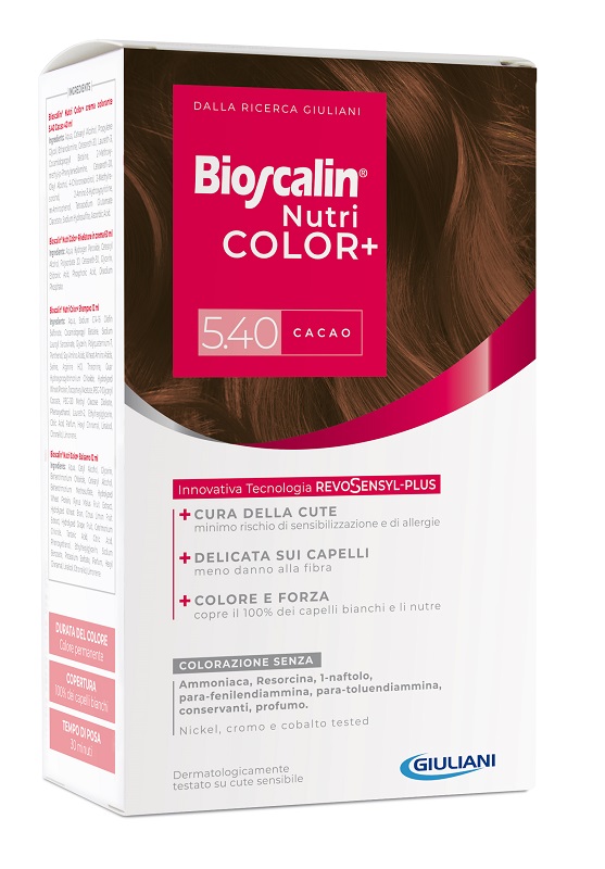 BIOSCALIN NUTRICOLOR PLUS 5,40 CACAO CREMA COLORANTE 40 ML + RIVELATORE CREMA 60 ML + SHAMPOO 12 ML + TRATTAMENTO FINALE BALSAMO 12 ML - Farmacia Artemisia di Montecuollo Dott. Angelo snc