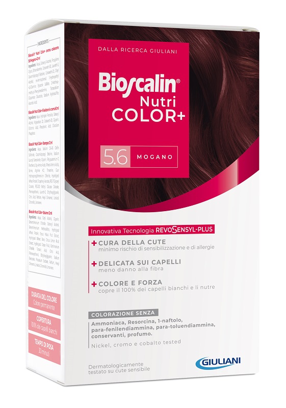 BIOSCALIN NUTRICOLOR PLUS 5,6 MOGANO CREMA COLORANTE 40 ML + RIVELATORE CREMA 60 ML + SHAMPOO 12 ML + TRATTAMENTO FINALE BALSAMO 12 ML - Farmacia Artemisia di Montecuollo Dott. Angelo snc