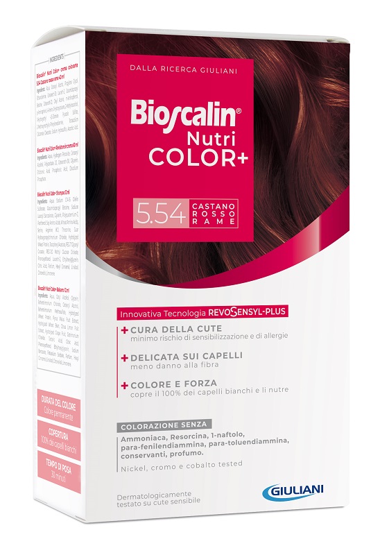 BIOSCALIN NUTRICOLOR PLUS 5,54 CASTANO ROSSO RAME CREMA COLORANTE 40 ML + RIVELATORE CREMA 60 ML + SHAMPOO 12 ML + TRATTAMENTO FINALE BALSAMO 12 ML - Farmacia Artemisia di Montecuollo Dott. Angelo snc