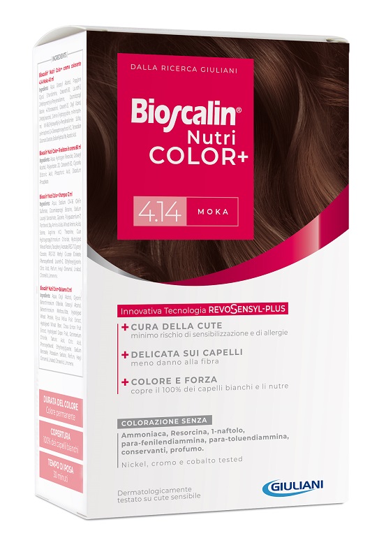 BIOSCALIN NUTRICOLOR PLUS 4,14 MOKA CREMA COLORANTE 40 ML + RIVELATORE CREMA 60 ML + SHAMPOO 12 ML + TRATTAMENTO FINALE BALSAMO 12 ML - Farmacia Artemisia di Montecuollo Dott. Angelo snc