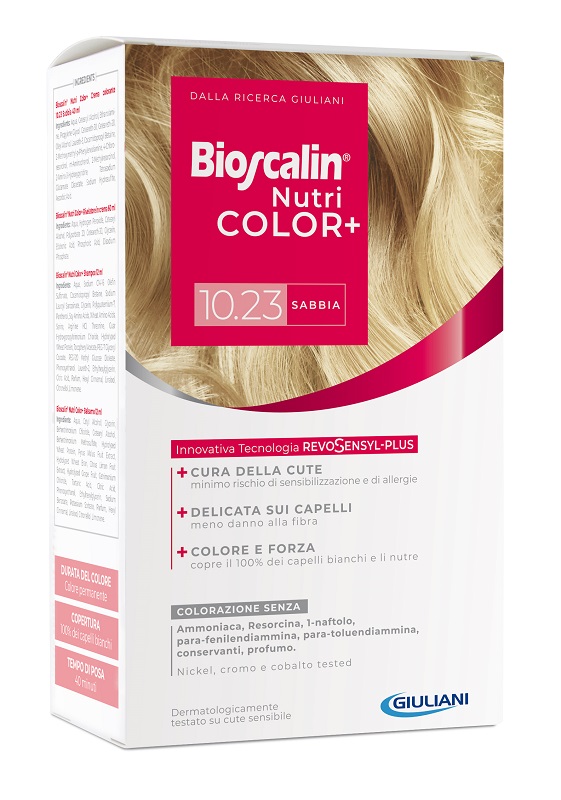 BIOSCALIN NUTRICOLOR PLUS 10,23 SABBIA CREMA COLORANTE 40 ML + RIVELATORE CREMA 60 ML + SHAMPOO 12 ML + TRATTAMENTO FINALE BALSAMO 12 ML - Farmacia Artemisia di Montecuollo Dott. Angelo snc