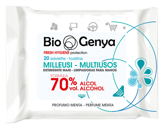 BIOGENYA MILLEUSI IGIENIZZANTI 70% ALCOOL SALVIETTE 20 PEZZI - Farmacia Artemisia di Montecuollo Dott. Angelo snc