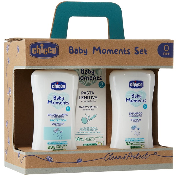 CHICCO BABY MOMENTS SET BAGNOCHIUMA PELLI DELICATE 200 ML + SHAMPOO PELLI DELICATE 200 ML + PASTA CAMBIO PELLI DELICATE 100 ML - Farmacia Artemisia di Montecuollo Dott. Angelo snc