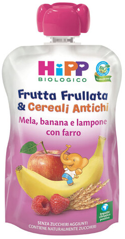 HIPP BIO FRUTTA FRULLATA&CEREALI ANTICHI MELA BANANA LAMPONE FARRO 90 G - Farmacia Artemisia di Montecuollo Dott. Angelo snc