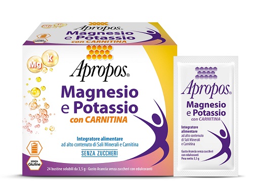 APROPOS MAGNESIO E POTASSIO CON CARNITINA 24 BUSTINE SOLUBILI DA 3,5 G GUSTO ARANCIA SENZA ZUCCHERI - Farmacia Artemisia di Montecuollo Dott. Angelo snc