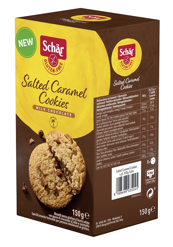 SCHAR SALTED CARAMEL COOKIES CON GOCCE DI CIOCCOLATO AL LATTE E CARAMELLO 150 G - Farmacia Artemisia di Montecuollo Dott. Angelo snc
