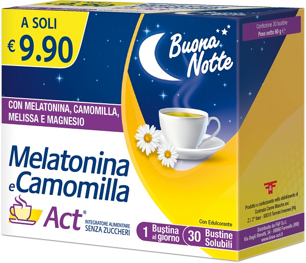 MELATONINA E CAMOMILLA ACT 30 BUSTINE SOLUBILI SENZA ZUCCHERI - Farmacia Artemisia di Montecuollo Dott. Angelo snc