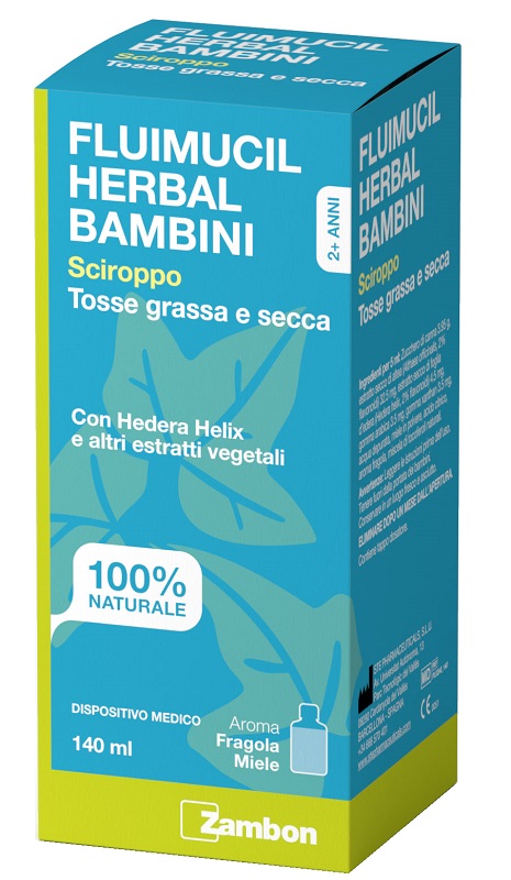 FLUIMUCIL HERBAL BAMBINI SCIROPPO TOSSE GRASSA E SECCA 140 ML AROMA FRAGOLA E MIELE SENZA GLUTINE SENZA LATTOSIO - Farmacia Artemisia di Montecuollo Dott. Angelo snc